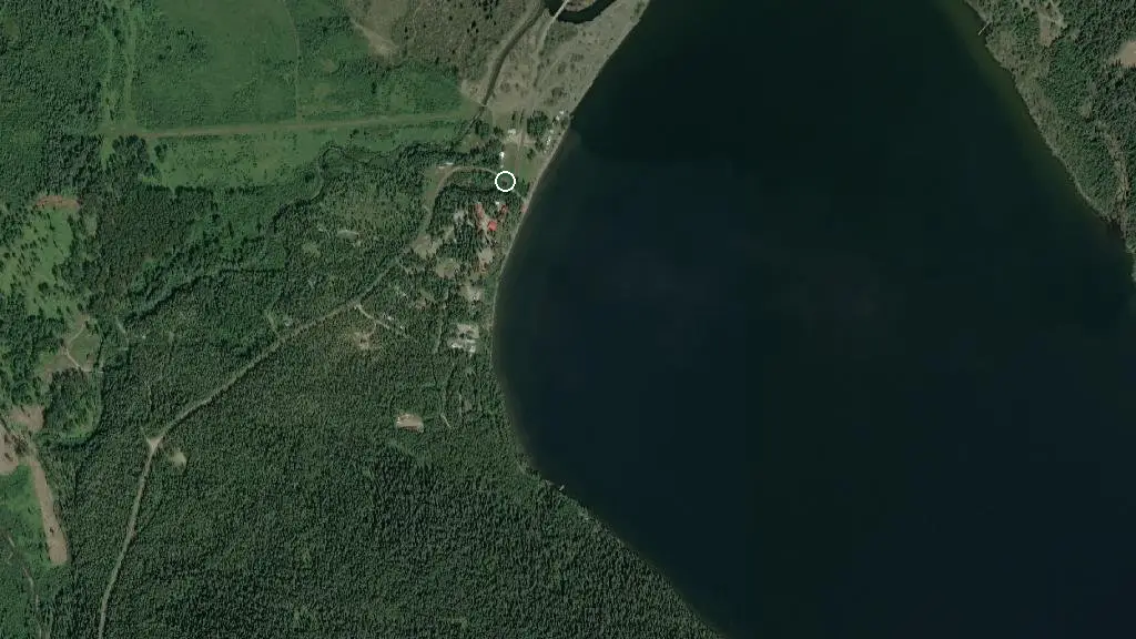 Aerial view of Bowron Lake Lodge and surroundings