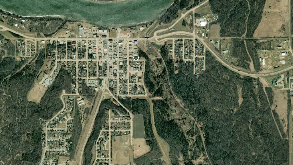 Aerial view of Athabasca Rivers Edge Campground and surroundings