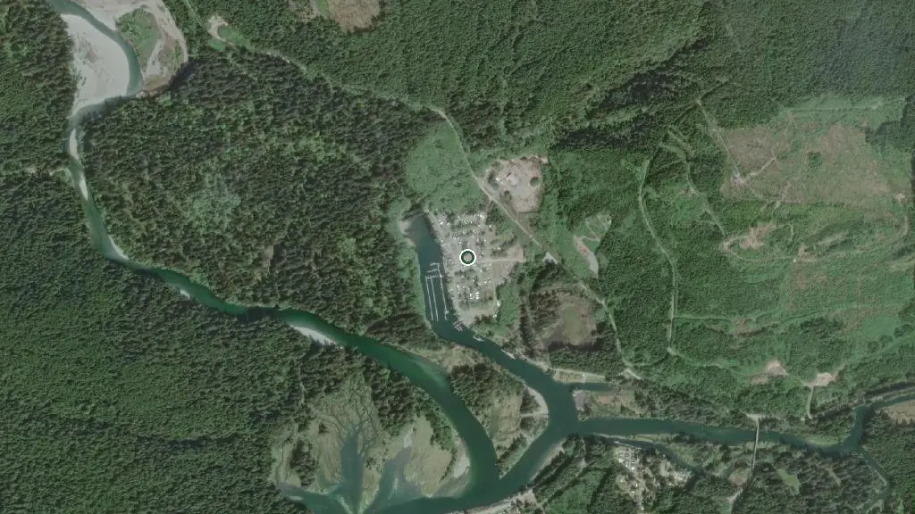 Aerial view of Port Renfrew Marina & RV Park and surroundings