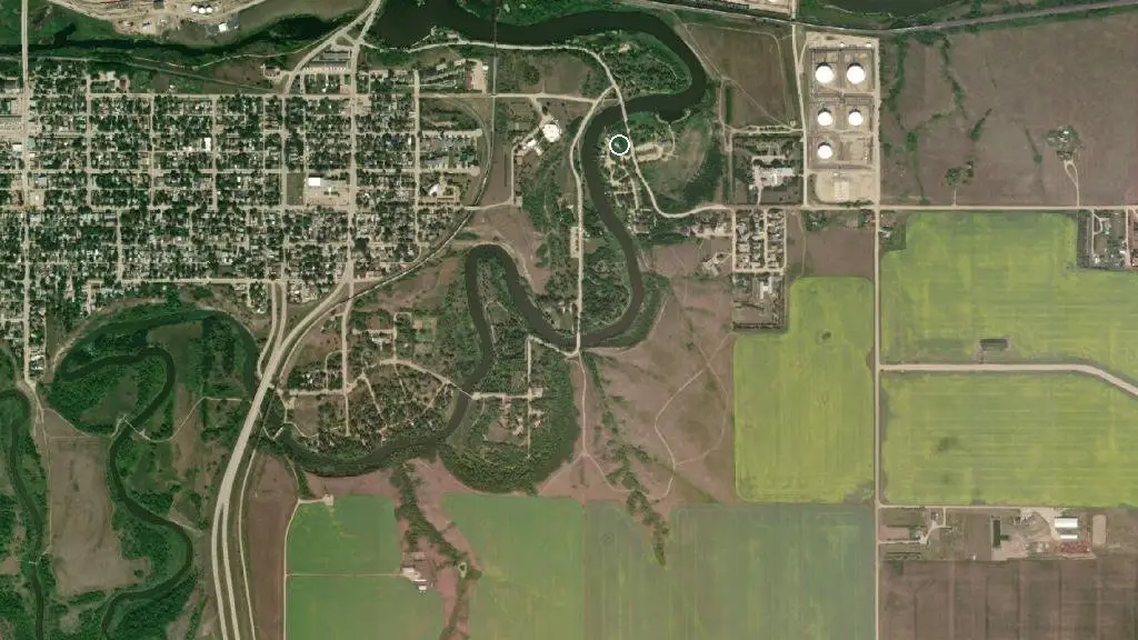 Aerial view of Lorne Calvert Campground and surroundings