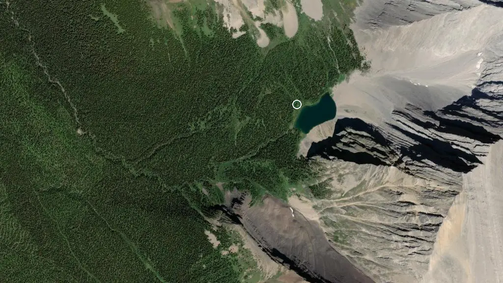 Aerial view of Rummel Lake Winter Backcountry Camping, Spray Valley Provincial Park and surroundings