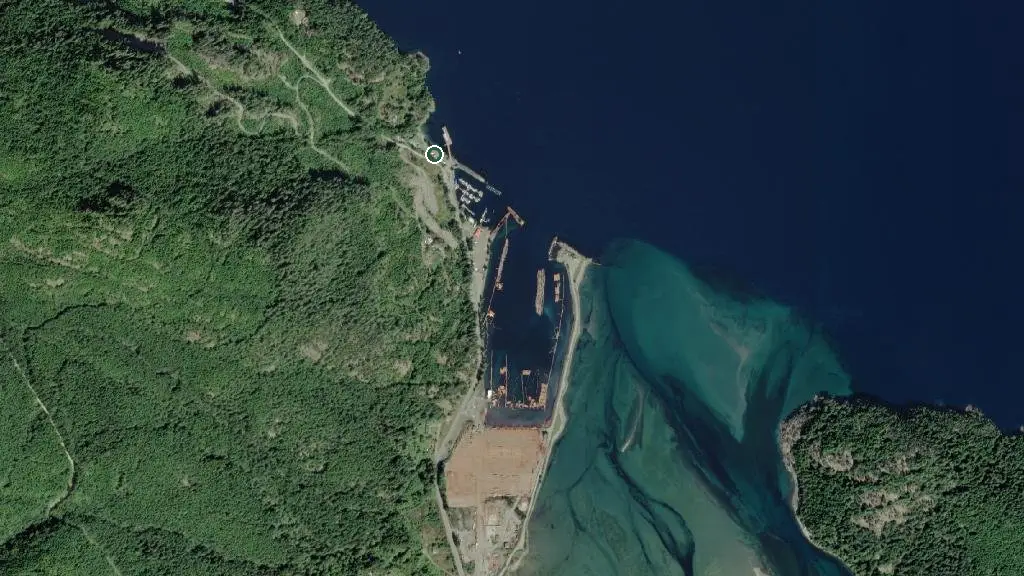 Aerial view of Kelsey Bay RV Campground and surroundings