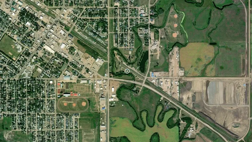 Aerial view of Vegreville Elks / Kinsmen Community Park and surroundings