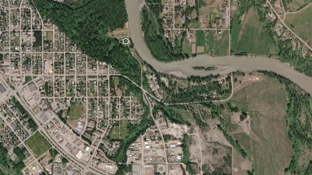 Aerial view of Smithers Municipal Riverside Campground & RV and surroundings