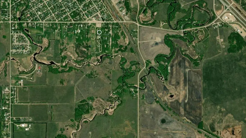 Aerial view of Virden Lions Park Campground and surroundings