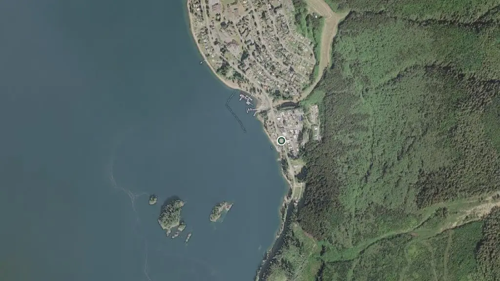Aerial view of Port Alice Oceanfront RV Park and surroundings