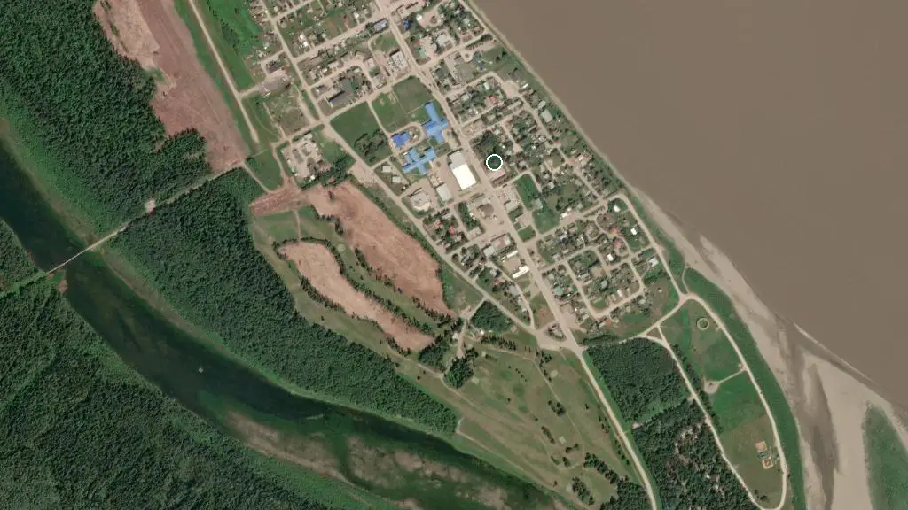 Aerial view of Fort Simpson Territorial Park and surroundings
