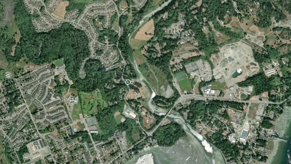 Aerial view of Sooke River Campground and surroundings