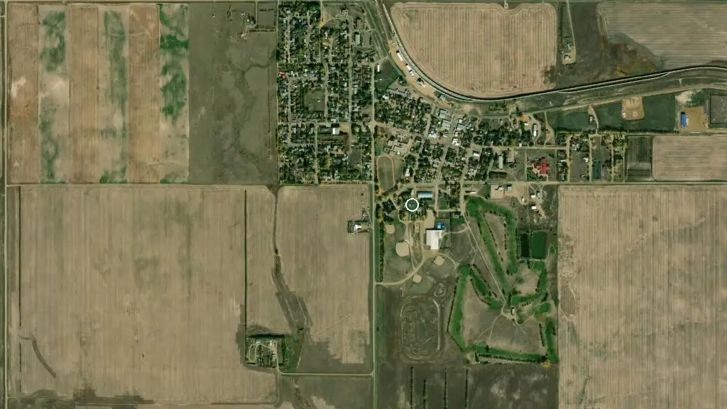 Aerial view of Coronach Campground and surroundings