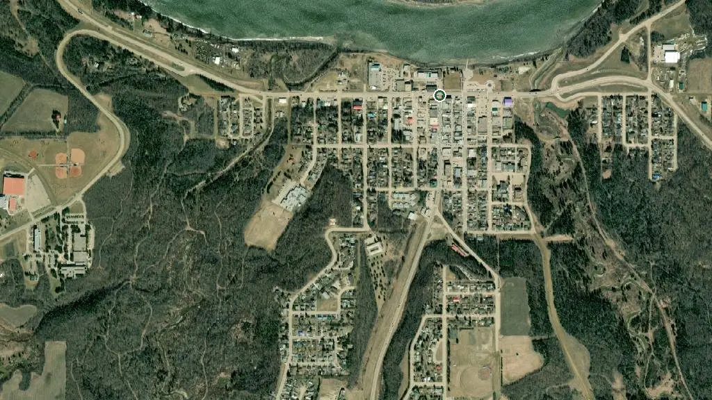 Aerial view of Athabasca Open Camp & RV Park and surroundings