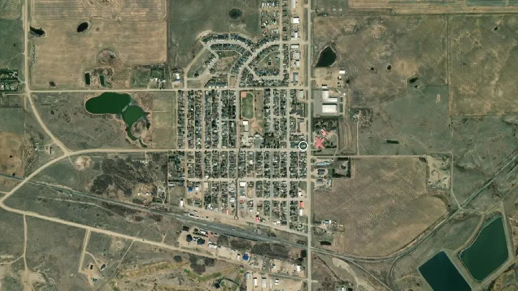 Aerial view of Macklin Lake Regional Park and surroundings