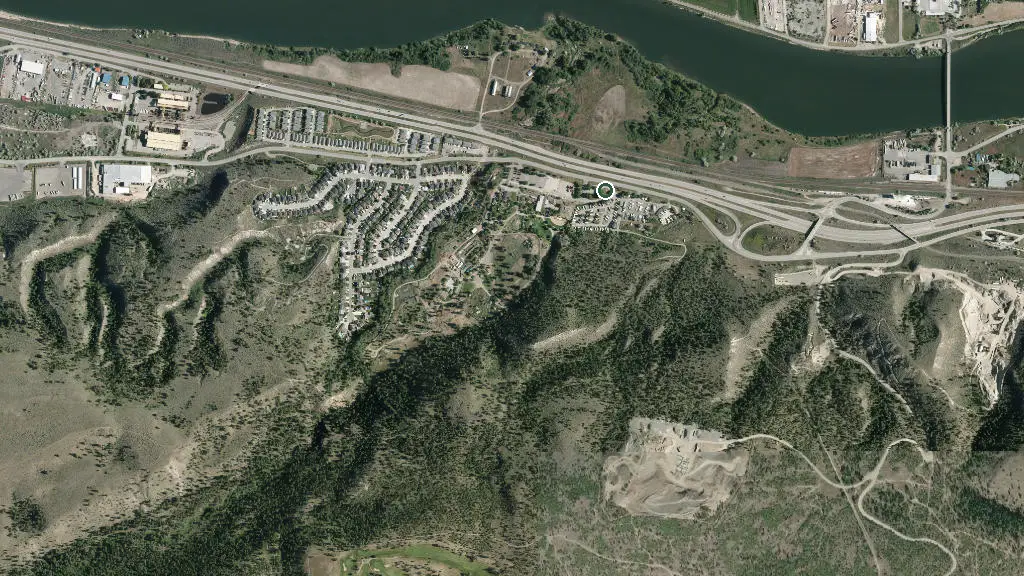 Aerial view of Kamloops RV Park & Waterslide and surroundings